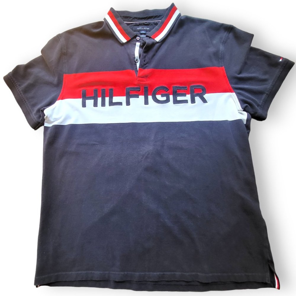 Tommy Hilfiger Blue Red White Stretch Short Sleeved Polo - Men's XL